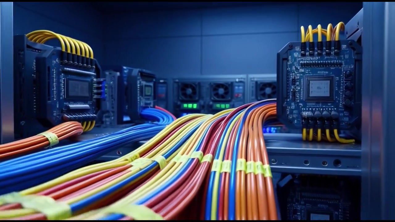 Camera Moving Into Server Rack With Colorful Network Cables