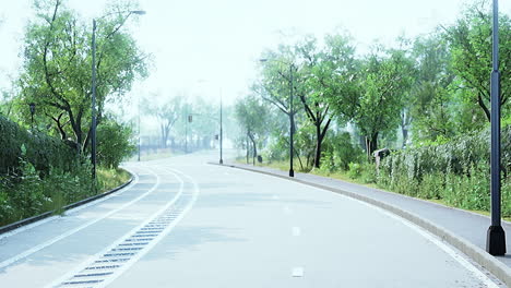 View-of-empty-road-with-lamp-post-and-sunlight