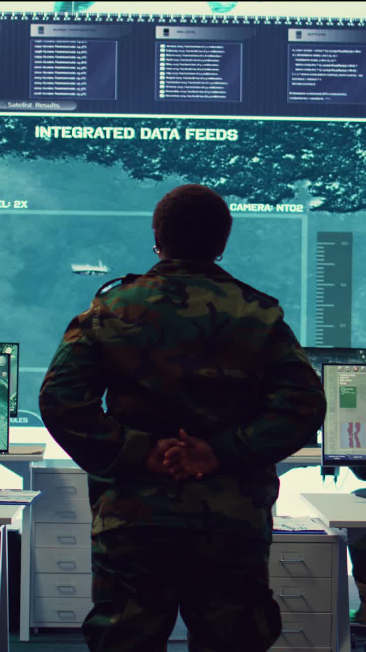 Military Personnel in Camouflage Uniform Observing Integrated Data Feeds