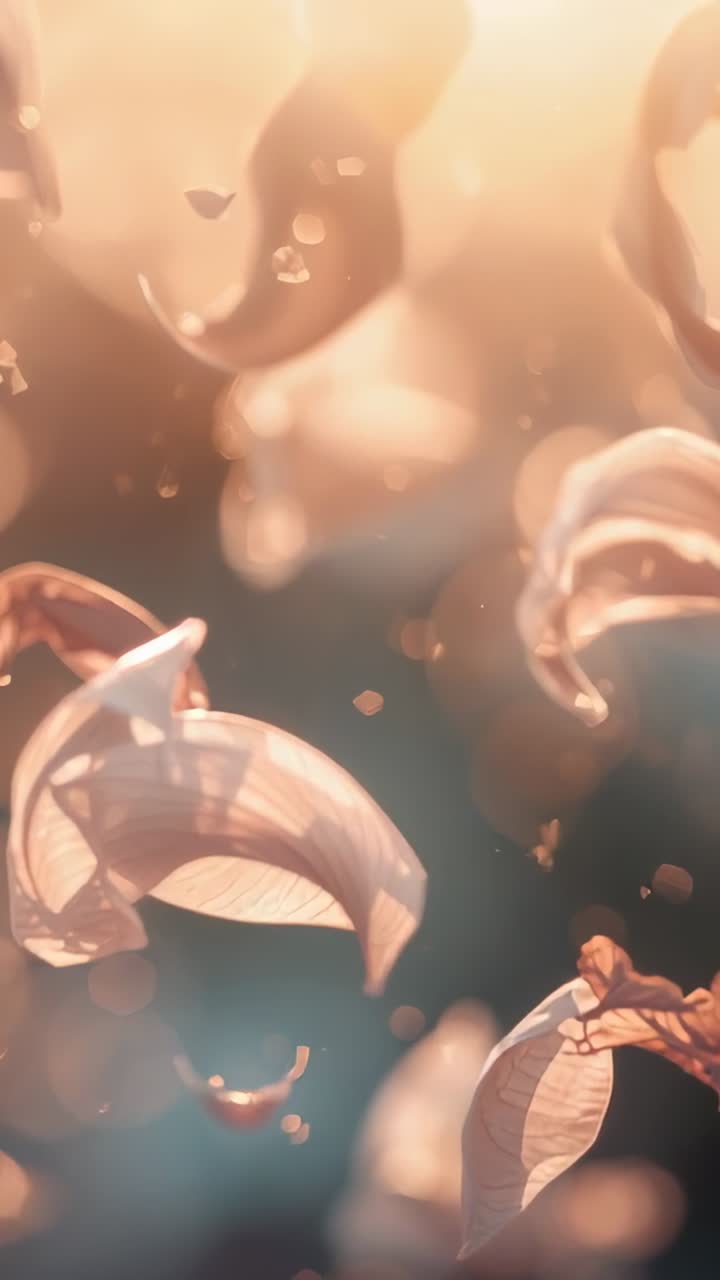 Video verticale: brezza leggera che solleva petali traslucidi in uno scatto macro, rivelando una calda illuminazione laterale