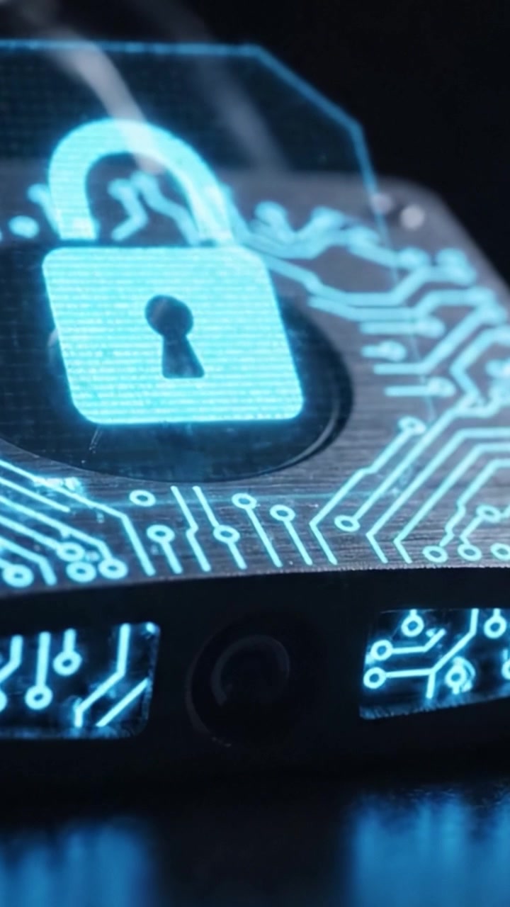 A Close-Up Examination of a Security Lock Transitioning from a Physical Lock to a Digital Lock Featuring Advanced Circuitry and Encryption Symbols
