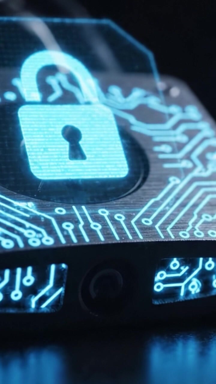 A Close-Up Examination of a Security Lock Transitioning from a Physical Lock to a Digital Lock Featuring Advanced Circuitry and Encryption Symbols