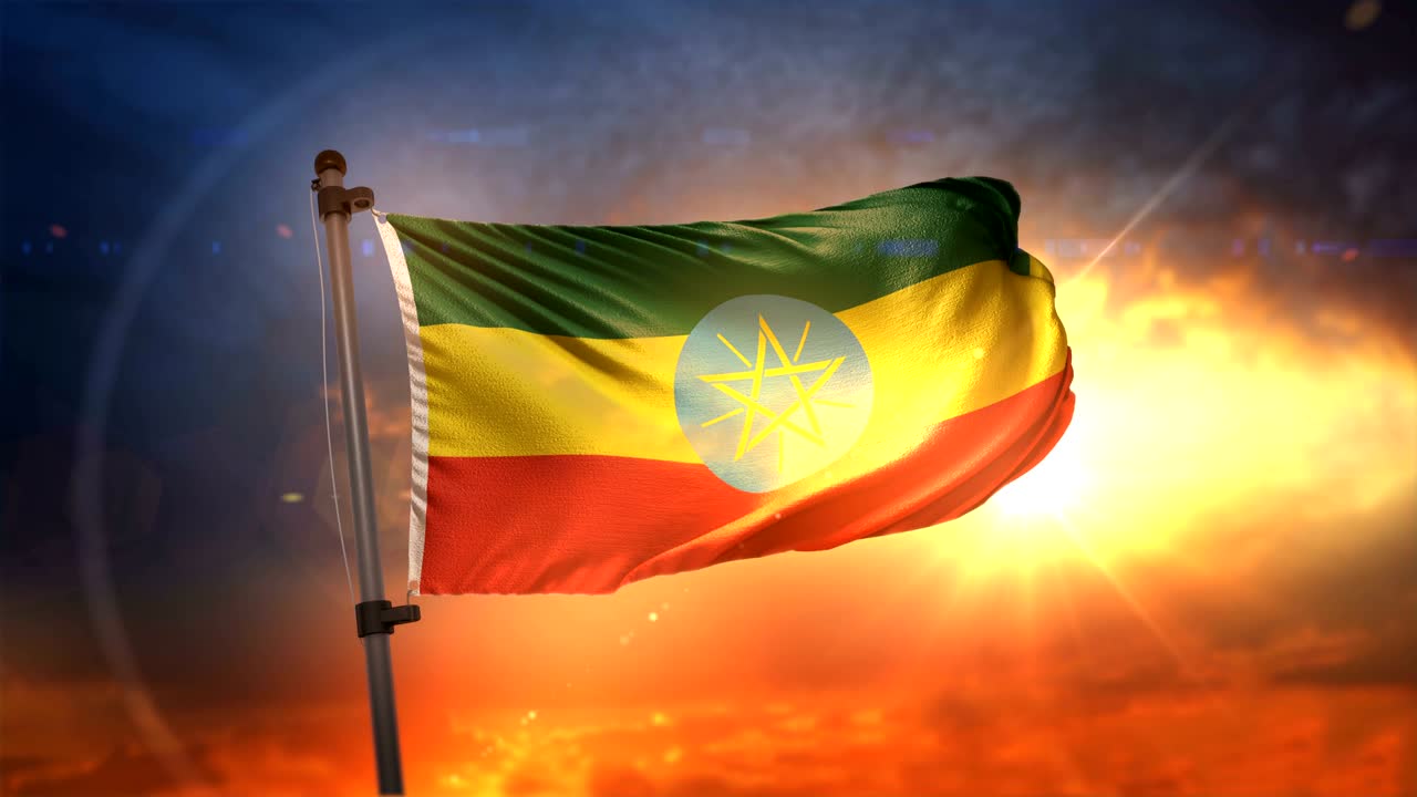 la bandera de etiopía retroiluminada en un hermoso ciclo de amanecer en cámara lenta 4k