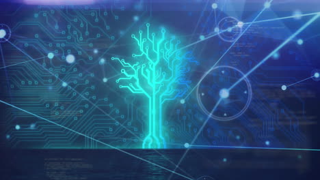 Animation of network of connections and data processing with glowing circuit board detail