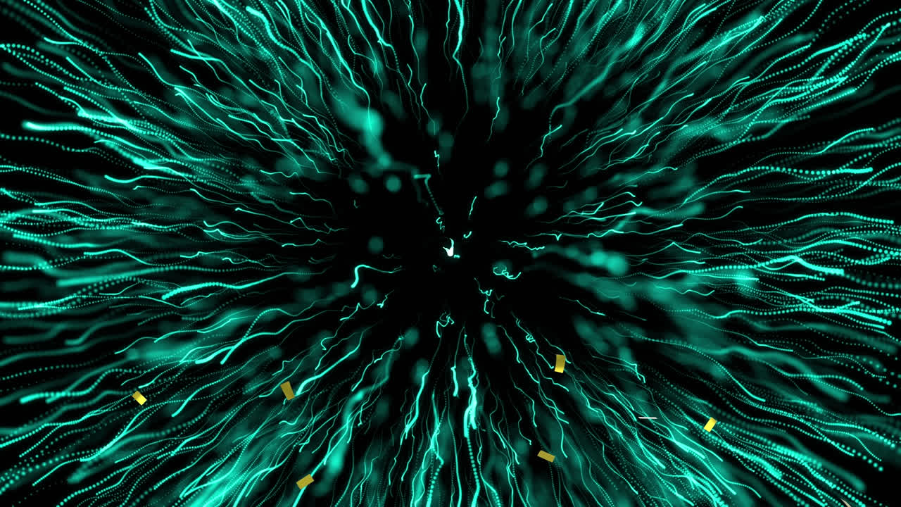 Animation of gold confetti falling and blue firework exploding on black background