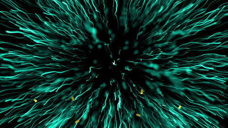 Animation of gold confetti falling and blue firework exploding on black background