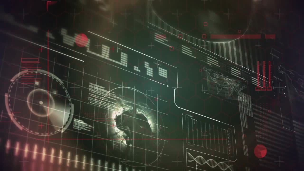 3D-renderad HUD som projicerar sexkantsrutnät med datastaplar, som visar cirkulär mätare och roterande jordklot.