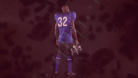 animación de las células de covid 19 sobre el jugador de fútbol americano