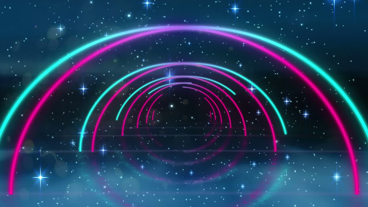 생동감 넘치는 색상과 별들이 매이지 않는 루프로 이루어진 몽환적인 터널 애니메이션.