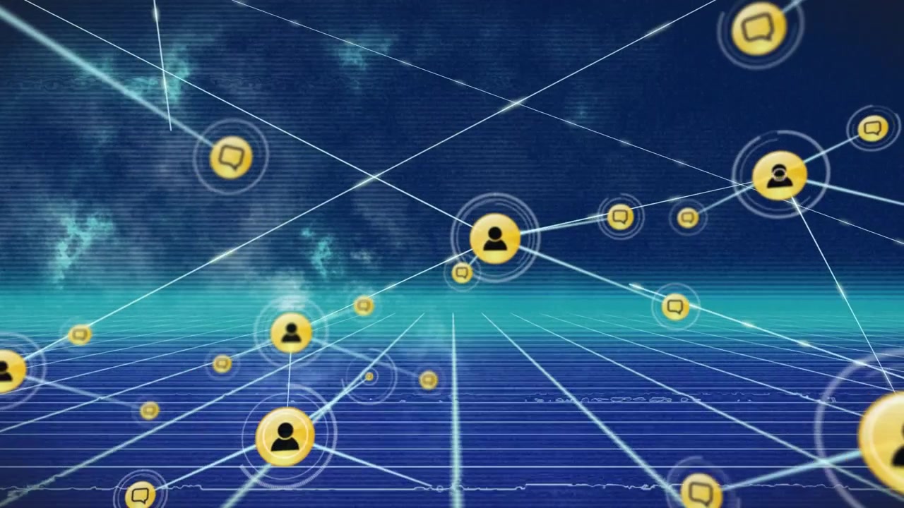 Animazione di rete di icone digitali su una griglia di rete su sfondo blu texturizzato