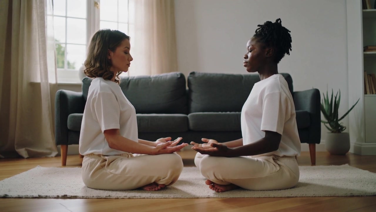 Due donne in camicie bianche che meditano, sedute a gambe incrociate su un tappeto in casa, con una luce soffusa che entra dalla finestra.