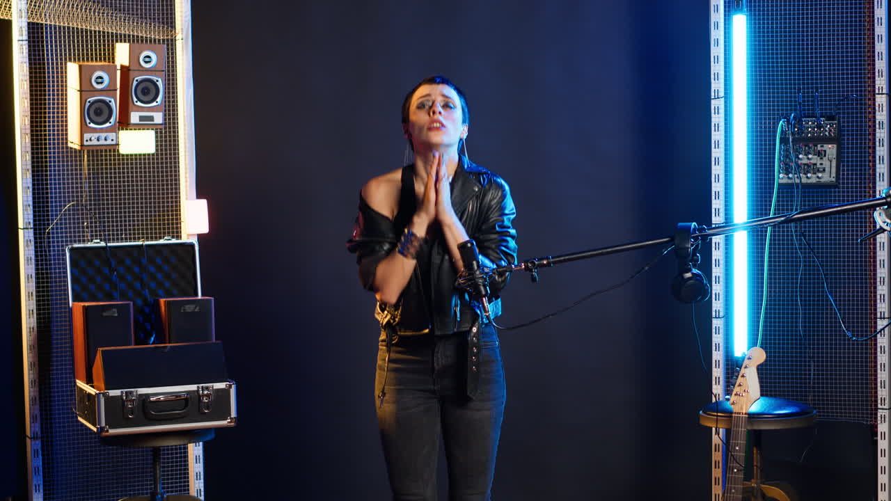 Singer Performing in a Studio with Neon Lights