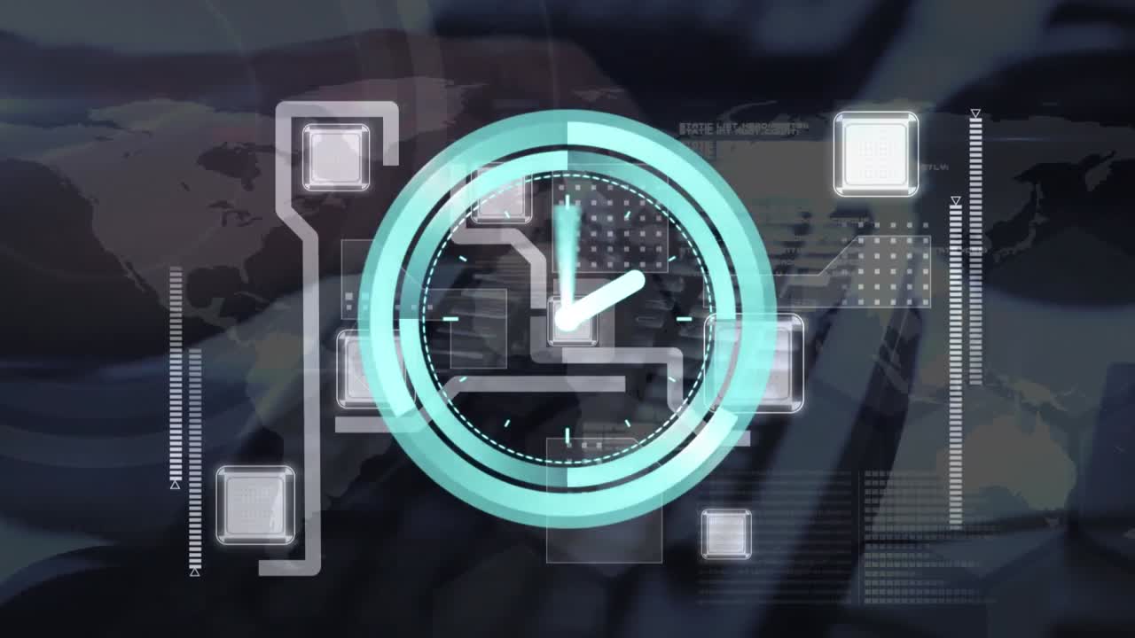 Animation of clock with turning hands over network of connections and hands using computer