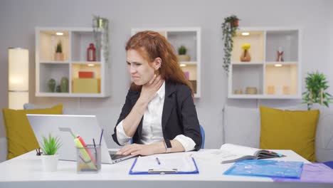 home office worker woman suffering from sore throat.