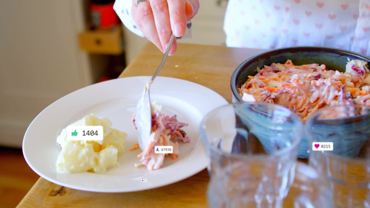 Cook stirring coleslaw and plating, animating hearts and thumbs-up showing marketing engagement
