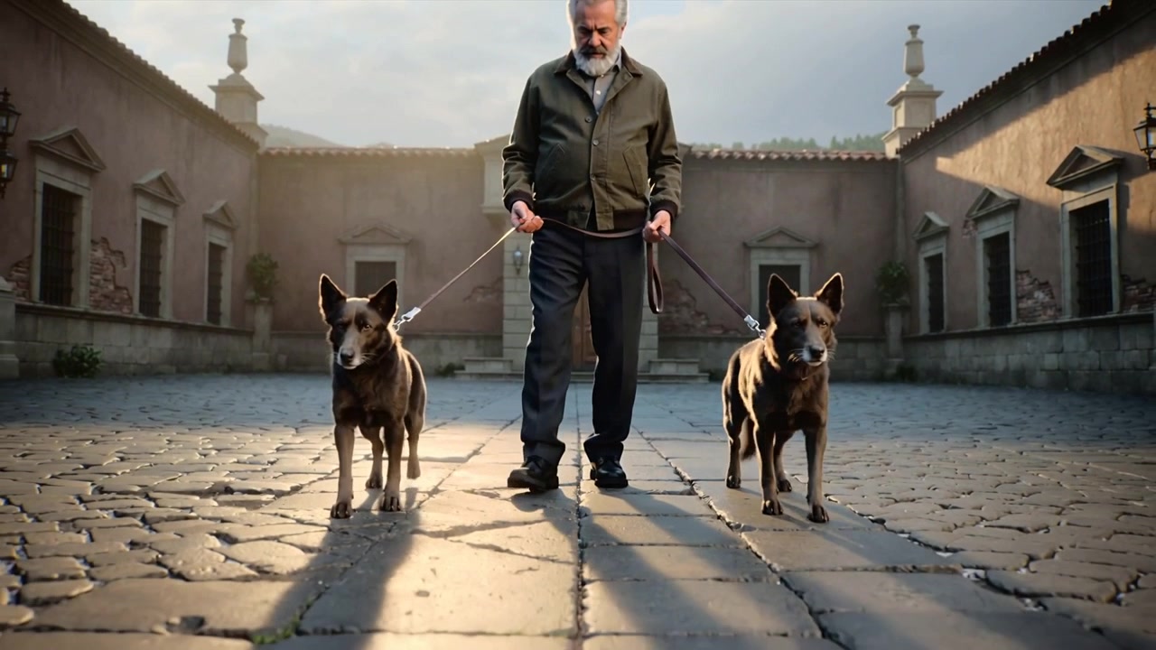 Iniziando una passeggiata, un uomo anziano in giacca verde oliva che porta a spasso due cani al guinzaglio tra le ombre di un cortile in pietra