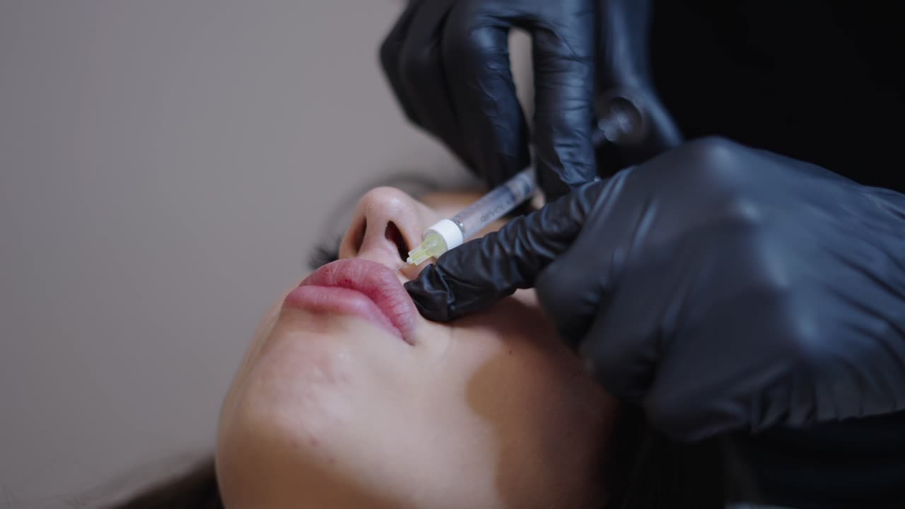 Close-up of a cosmetic lip augmentation procedure with dermal fillers