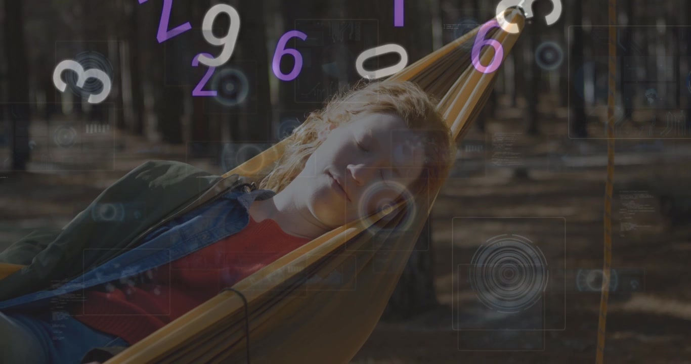 Animation of digital data processing over caucasian woman on a hammock