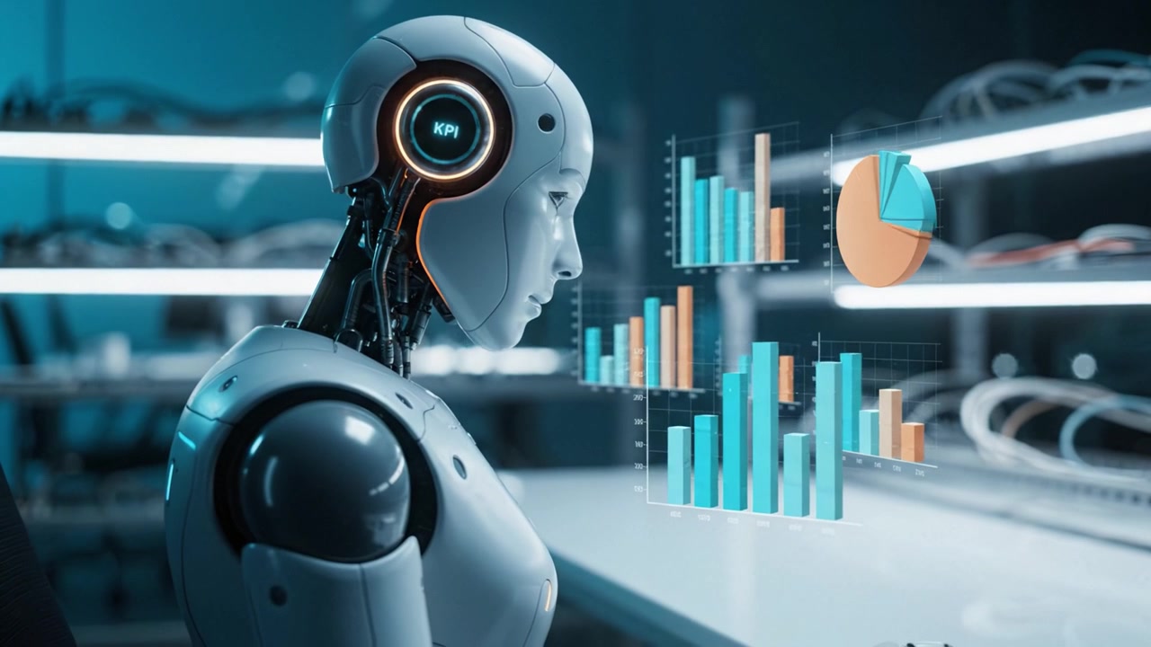 A humanoid robot analyzes performance data displayed graphically in a high-tech lab environment, showcasing advanced technology and artificial intelligence in action.