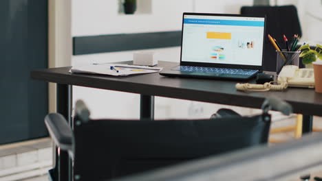 wheelchair in office and laptop on desk showing business analytics