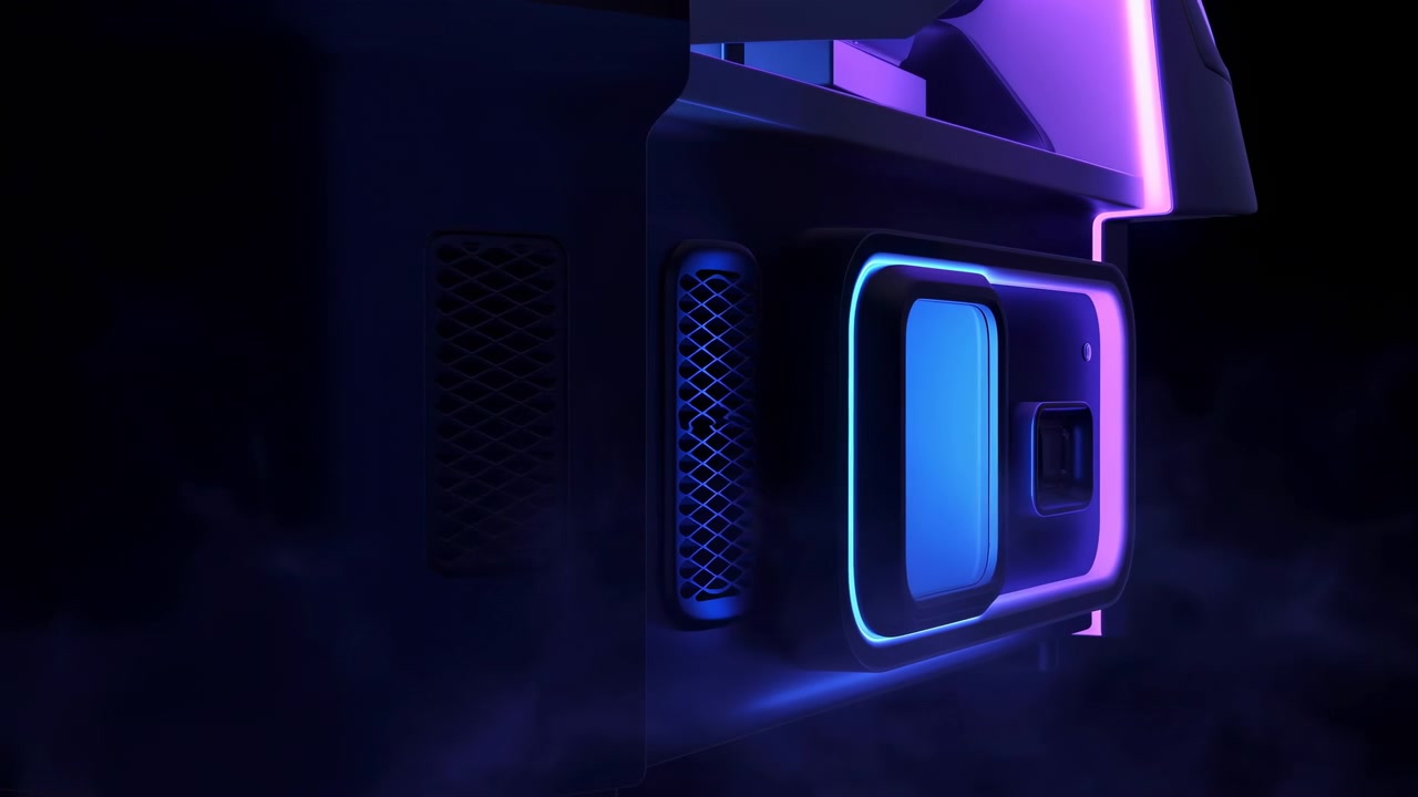 Primo piano di un elegante dispositivo futuristico tagliato sul lato destro, illuminato da luce al neon viola e blu su uno sfondo scuro con una sottile foschia