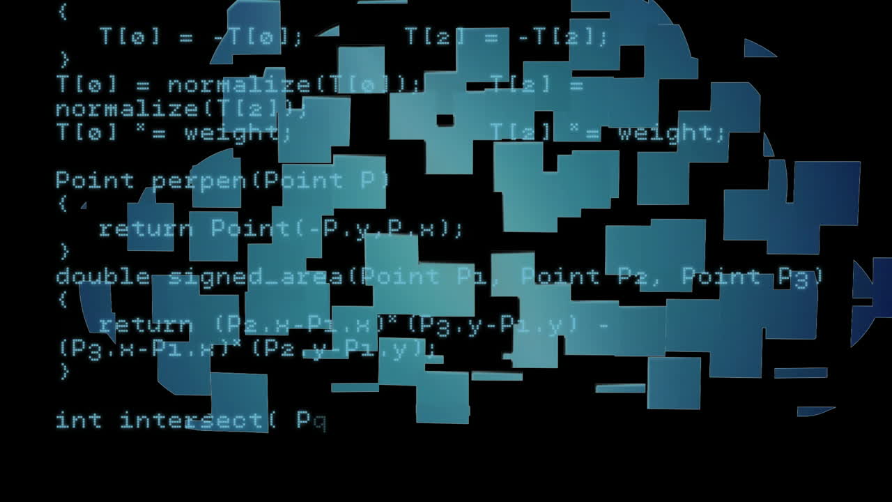 Animation of data processing over blue squares forming cloud on black background