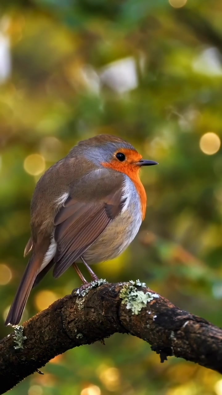 Pettirosso europeo appollaiato su un ramo con sfondo bokeh