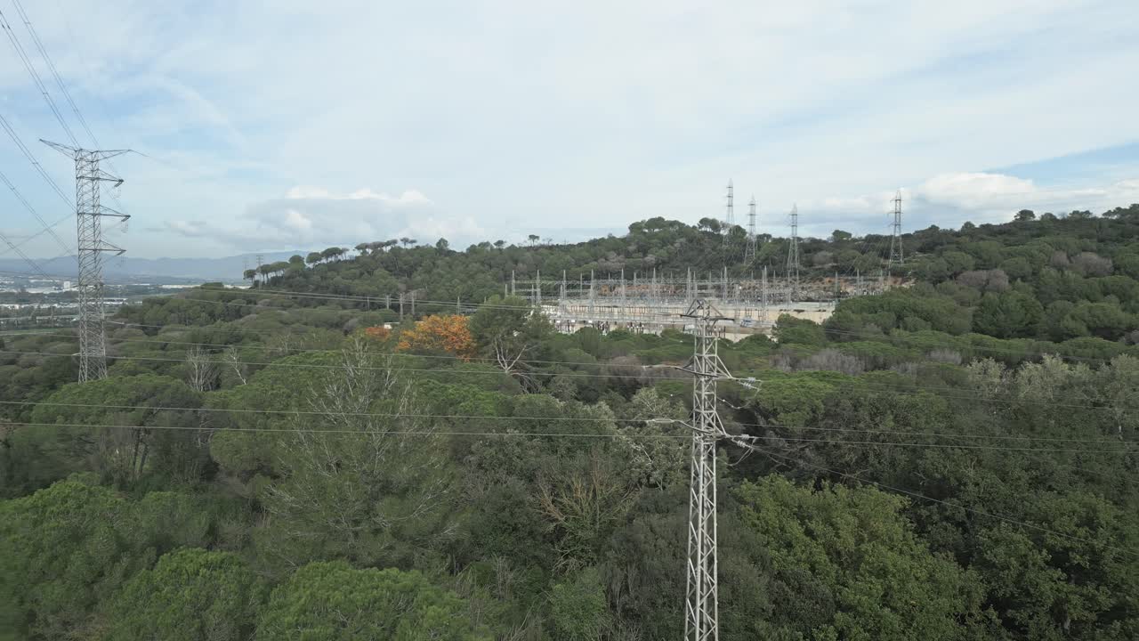 Multiple views of an electrical substation nestled within a dense forest, showcasing the juxtaposition of nature and industrial infrastructure