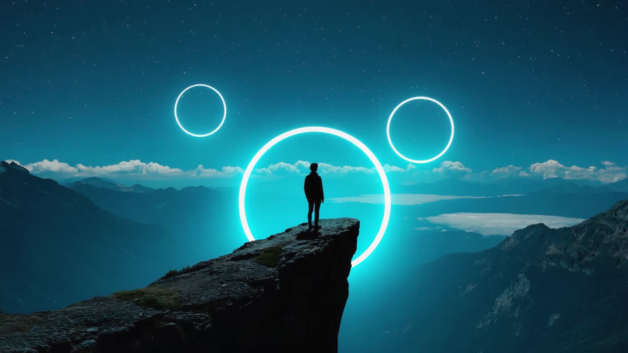 Person Standing on Cliff Under Starry Sky with Glowing Rings