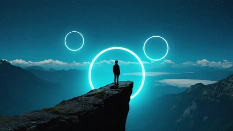 person standing on cliff under starry sky with glowing rings