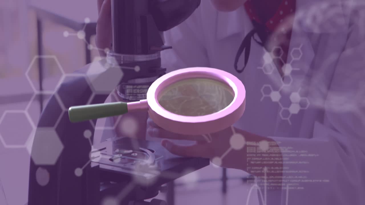 과학 수업에 있는 백인 여학생에 대한 확대 유리 및 dna  ⁇  다이어그램의 애니메이션