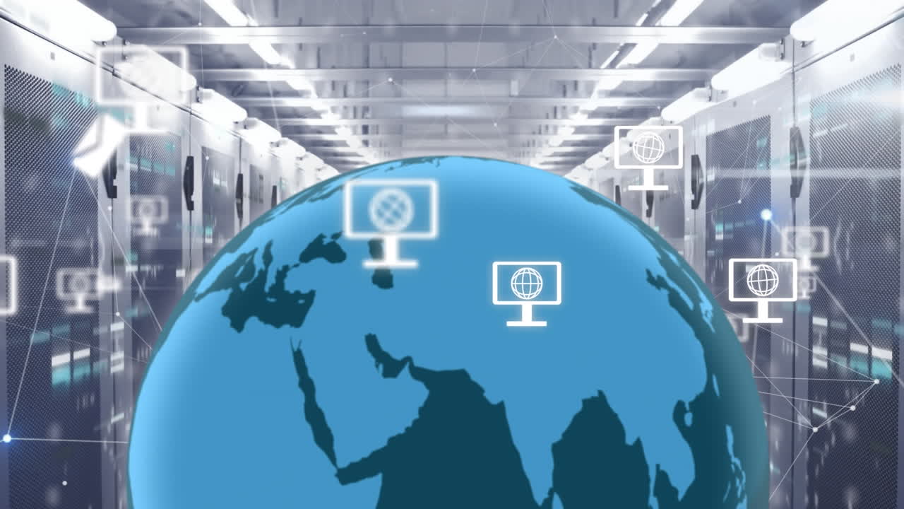 Animazione di un globo e una rete di connessioni con icone su una sala server