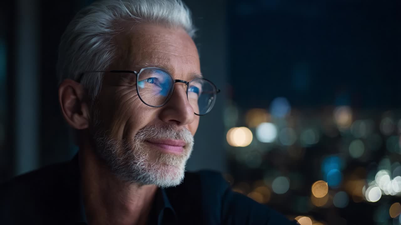 Um homem mais velho e pensativo, usando óculos, observa a paisagem noturna da cidade, refletindo sobre memórias e experiências, enquanto as luzes suaves da cidade criam um cenário sereno, evocando uma sensação de tranquilidade e nostalgia.