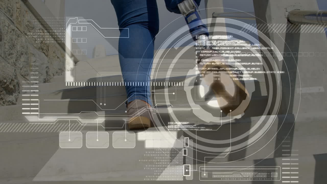 animación del procesamiento de datos con una mujer con una pierna protésica en el fondo