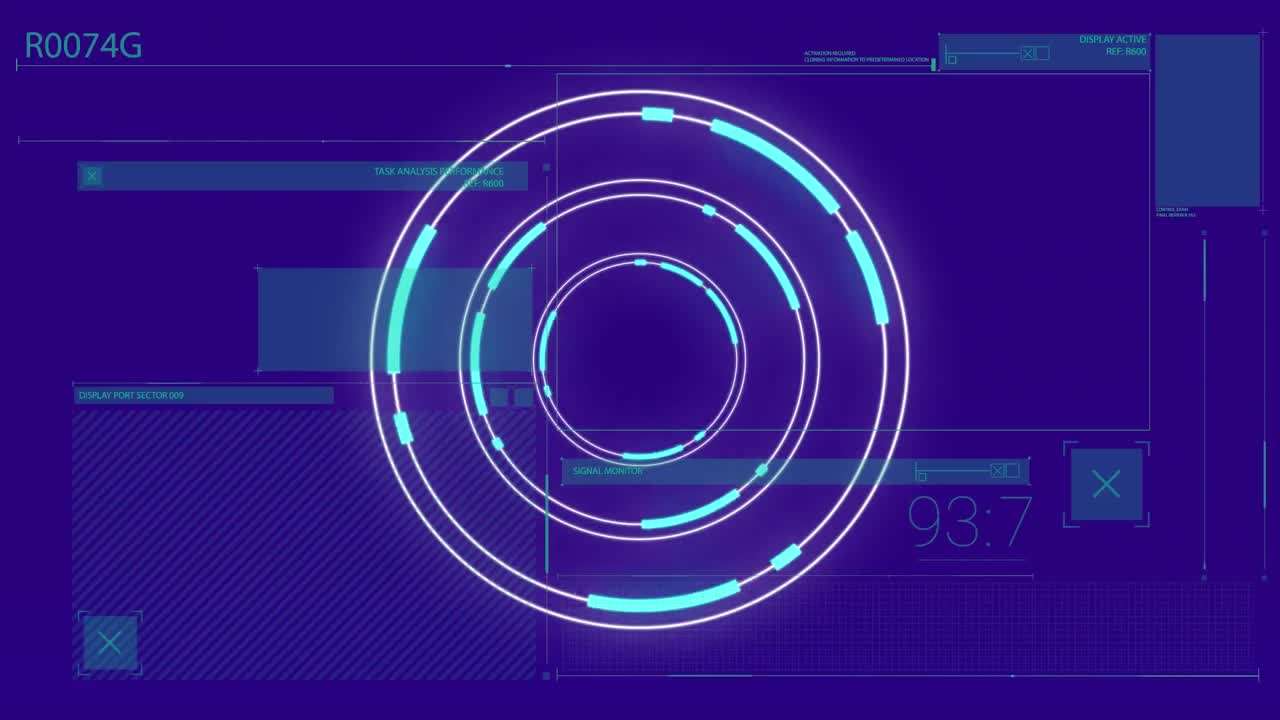 Animation of loading circles, changing numbers and lines over blue background