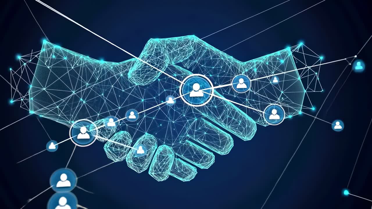 Digital handshake with a futuristic, low-angle view, showcasing interconnected networks