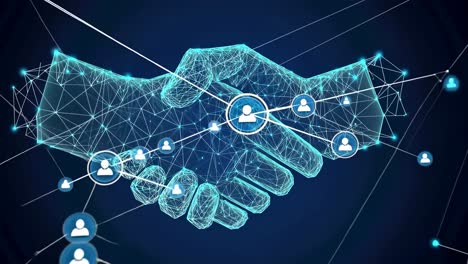digital handshake with a futuristic, low-angle view, showcasing interconnected networks