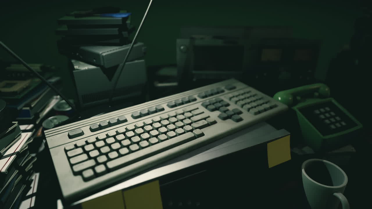Old keyboard and retro technology cluttered on a desk in a dimly lit room