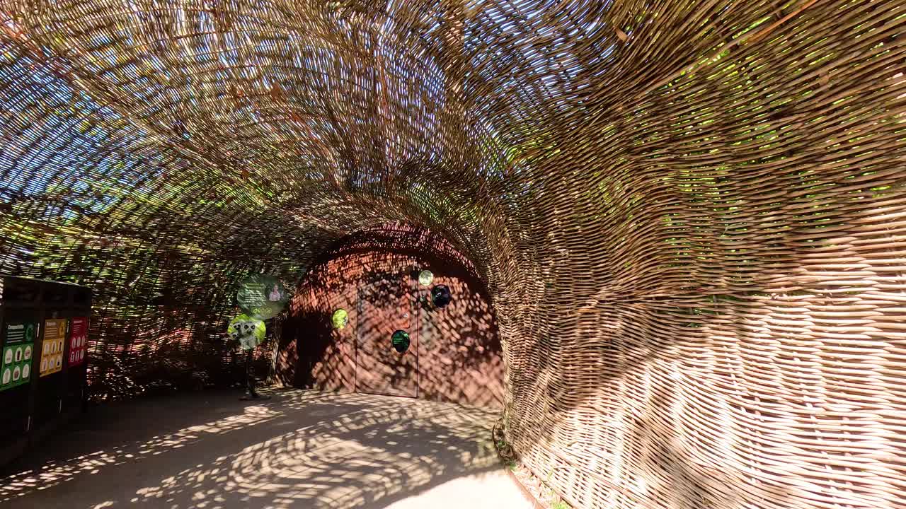 방문객 들 은 인 대나무 구조물 을 걸어다닌다