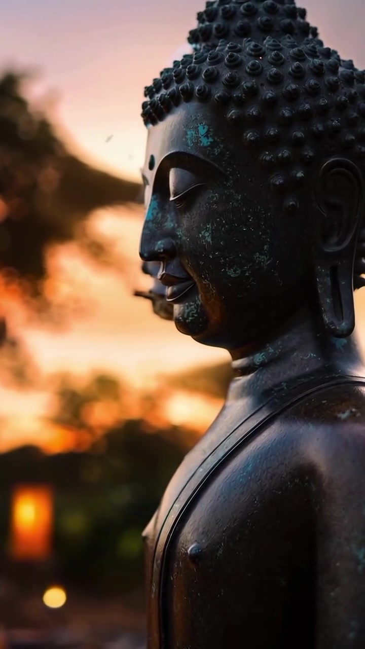 Primo piano di una statua di Buddha in bronzo al tramonto