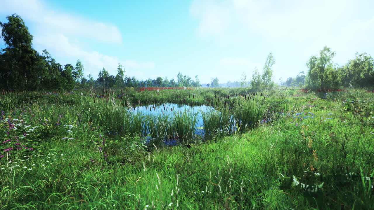 Lush green wetland with wildflowers and a small pond under a clear blue sky