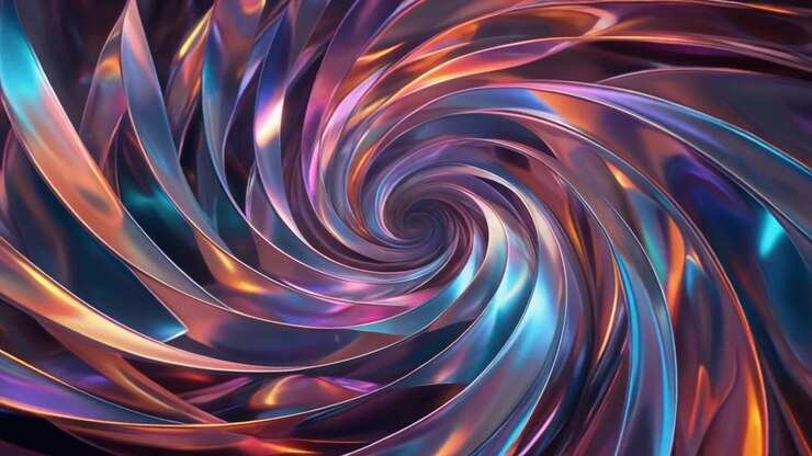 Espiral Metálica Giratória Abstrata com Reflexos Iridescentes