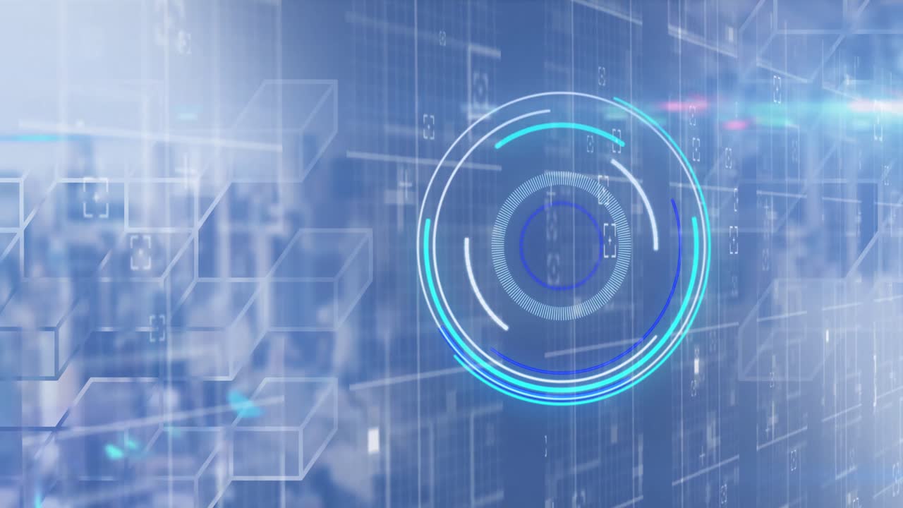 도시 풍경 위의 범위 스캐닝과 데이터 처리 애니메이션