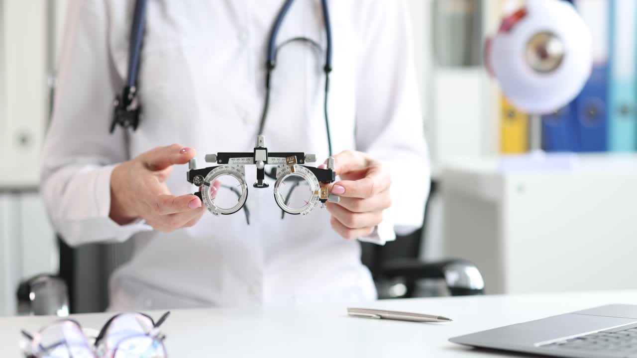 Ophthalmologist prepares a phoropter for an eye exam