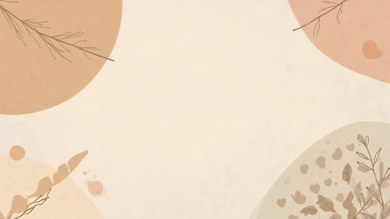 Animación de arte botánico en movimiento que se desplaza sobre un lienzo color crema y muestra cuatro círculos con ramitas y puntos