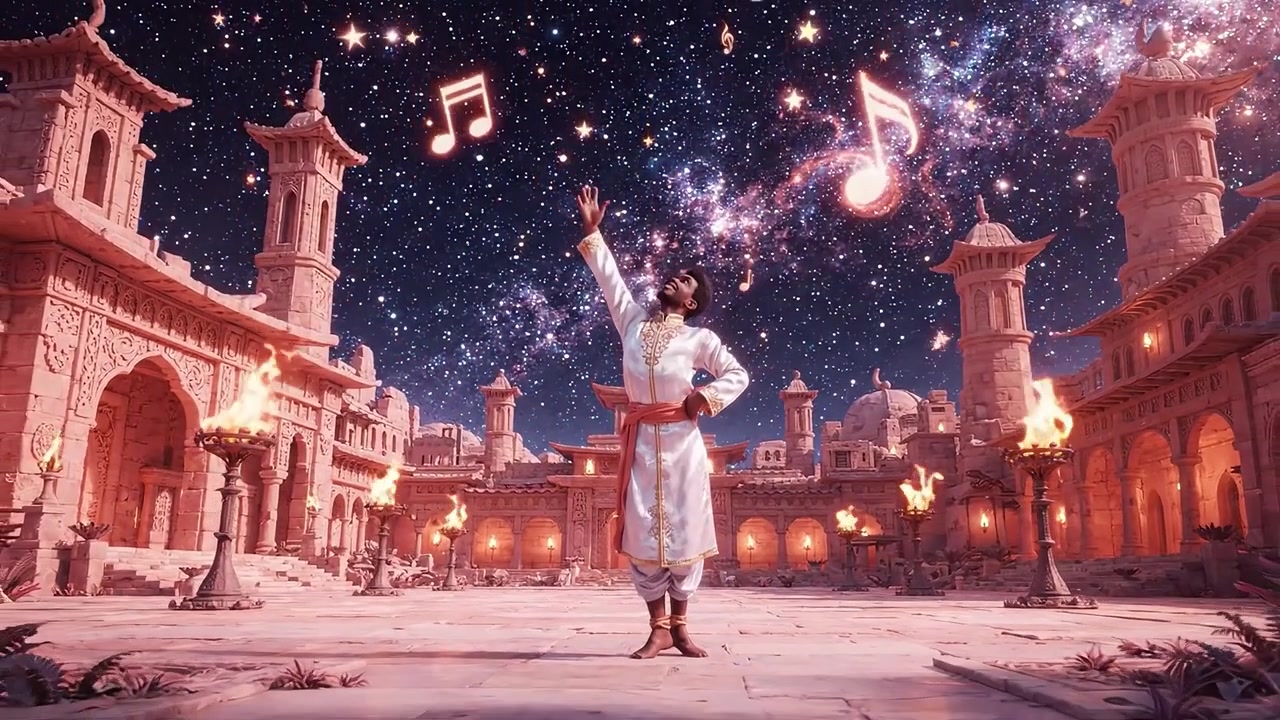 Una maestosa scena di trasformazione: Una figura incantevole si erge in una città opulenta sotto un cielo stellato, circondata da fiamme e note musicali magiche