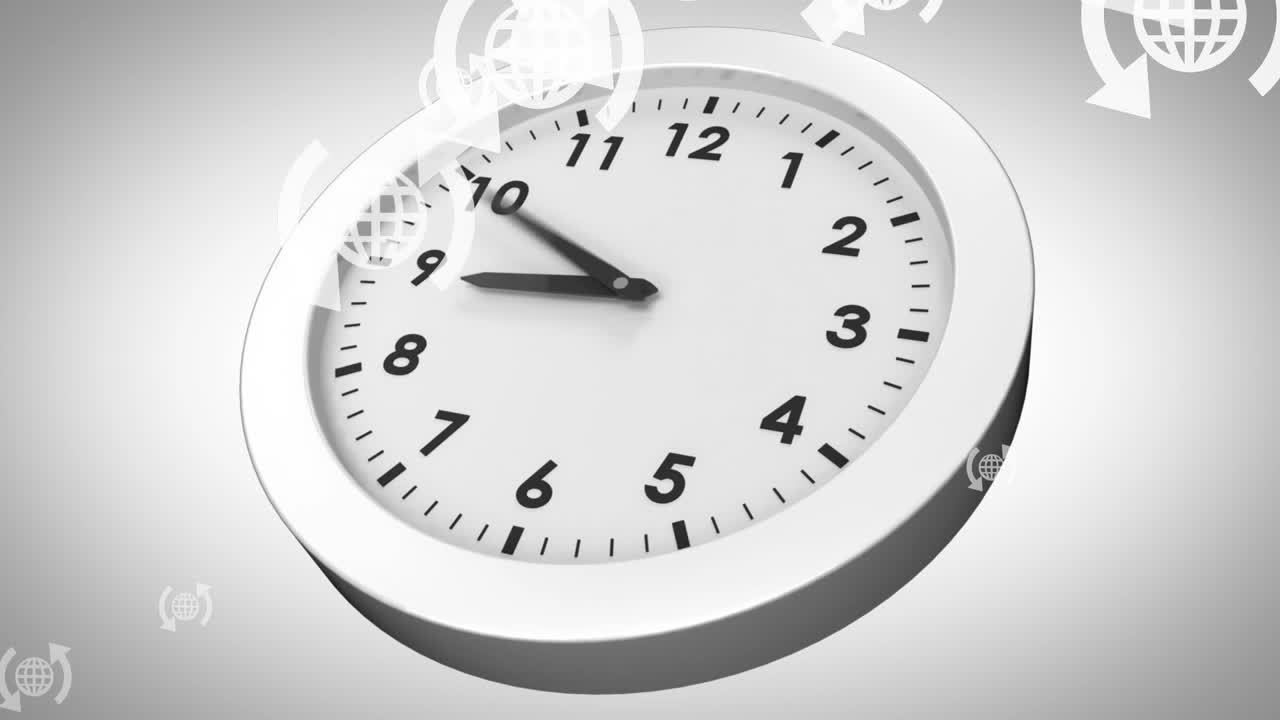 Animation of globes and arrows icons over clock