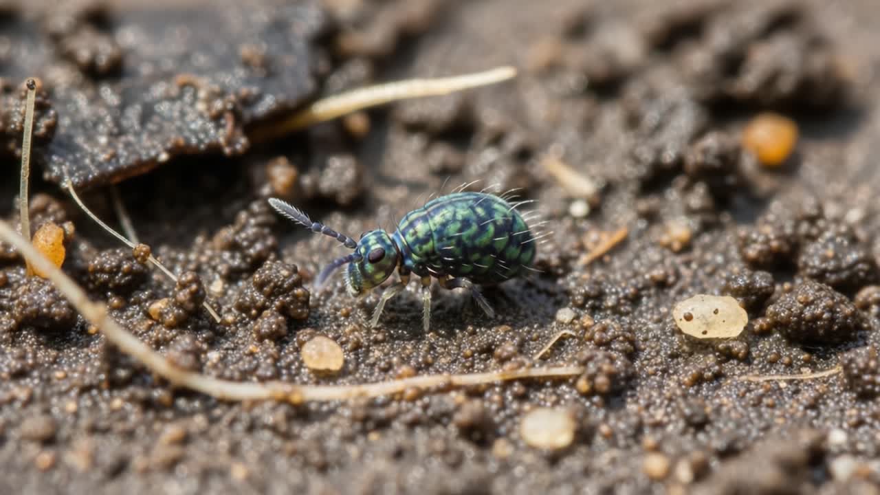A Close-Up Exploration of a Vibrantly Colored Springtail Amidst a Rich Earthy Background, Capturing the Intricacies of Nature's Microhypomma Diversity