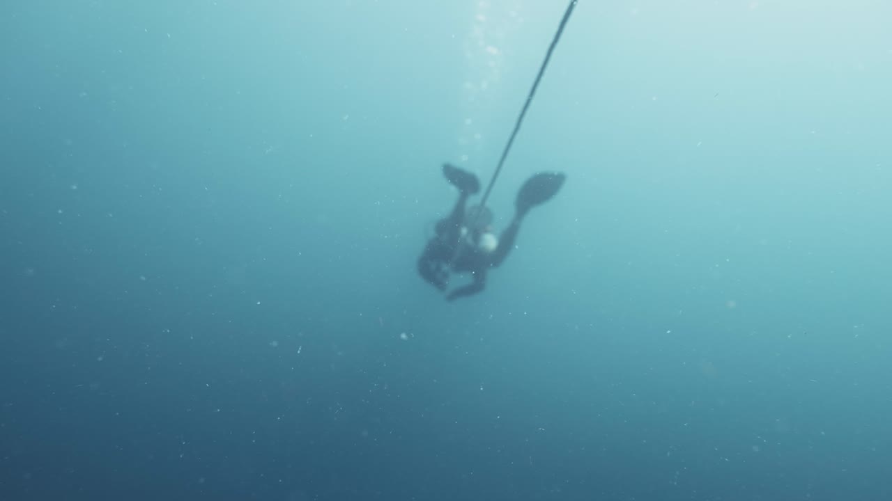 Underwater Diver Descending on a Rope