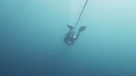 underwater diver descending on a rope